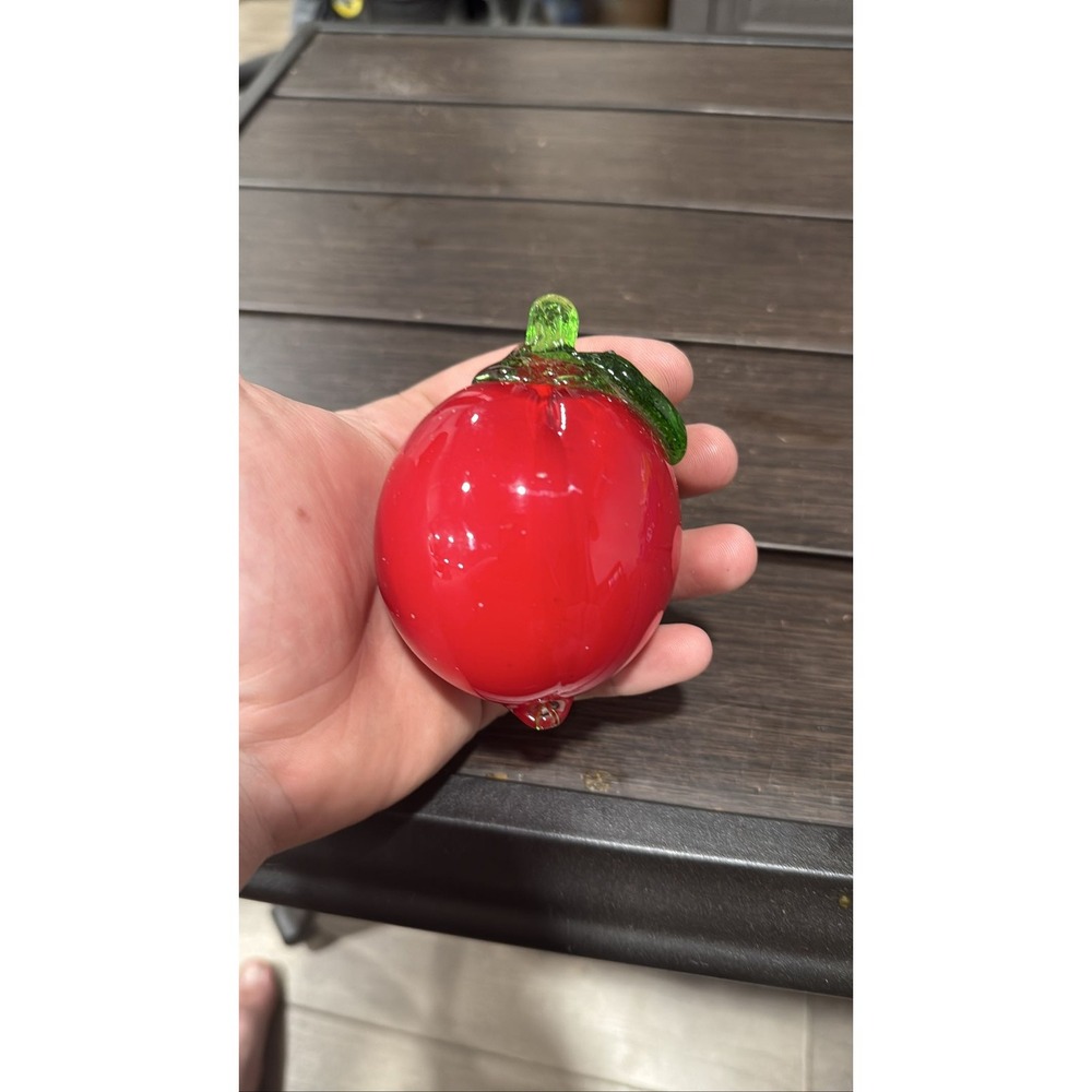 Vintage Hand‎ Blown Art Glass Red peach Fruit Paperweight Green Stem 3"